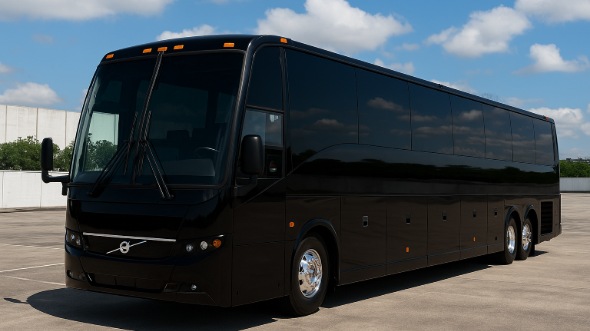 Exterior of Charter Bus Company Des Plaines's 54 Passenger Charter Bus in Des Plaines